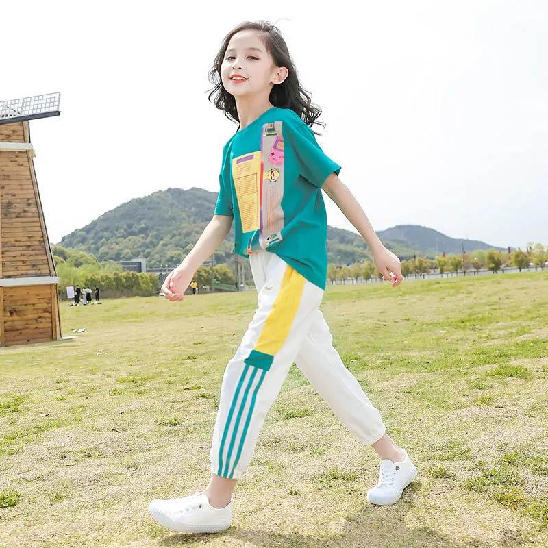 Girls Summer Leisure Suit Printed Short Sleeves + Pants Loose Comfortable Sweat-absorbent Children's Sports Two-piece Set