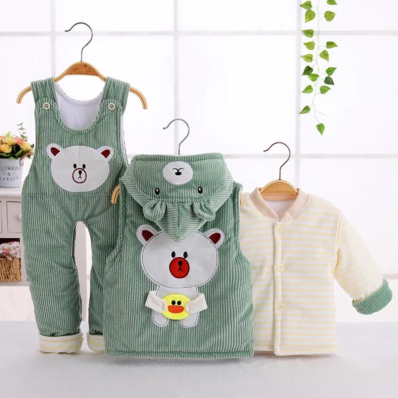 Newborn Autumn and Winter Quilted Three-piece Cotton Padded Jacket Thickened Infant Baby Clothes Hooded Vest and Suspenders Three-piece Cotton Coat