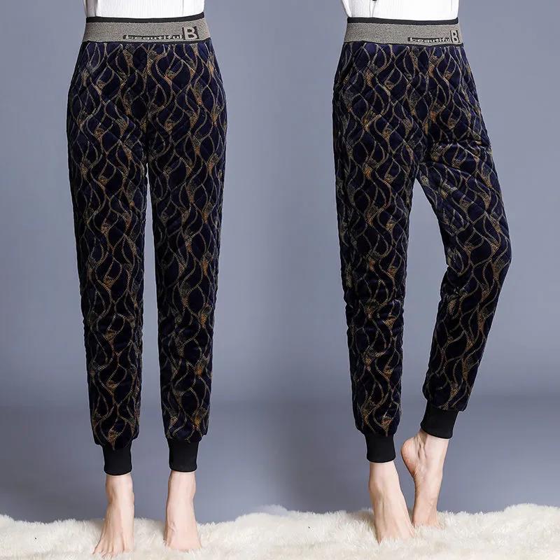 Middle-aged Elderly Plus Velvet Cotton Pants Women's Elastic High Waist Thickened Warm Pants Loose Casual Pants for Outer Wear