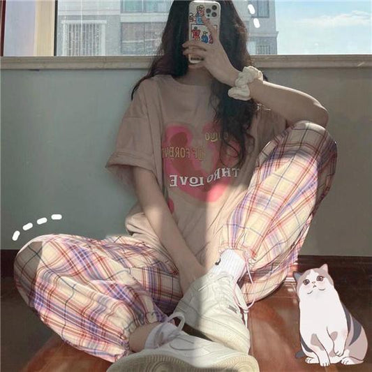 Pink Plaid Elastic Pants Oversized Loose Plaid Wide Leg Pants Elastic Pants Trousers Punk Streetwear