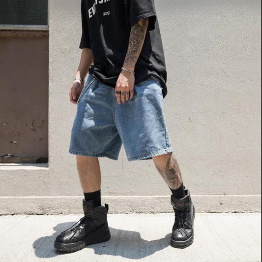 High Street Loose Wash Water To Make Old Broken Hole Beggar Style Casual All-match Denim Shorts High Waist Five-point Pants Pants Men's Trend