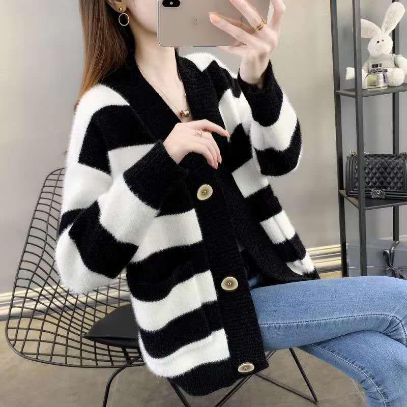 Autumn and Winter Mohair Jacket Loose-fitting Outer Wear Cardigan Jacket Striped Pattern Simple Female Jacket