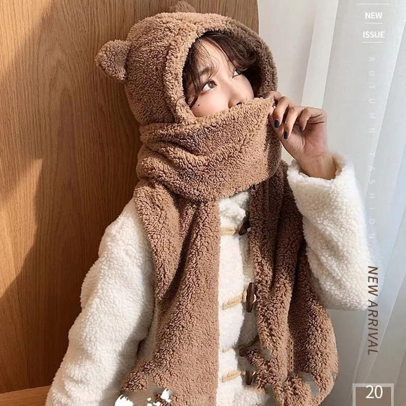 Women's All-match Cute Autumn and Winter Warm Hat Double-layer Thickening One-piece Three-purpose Hat Bear Ears Scarf Gloves Fleece Warm Caps Set