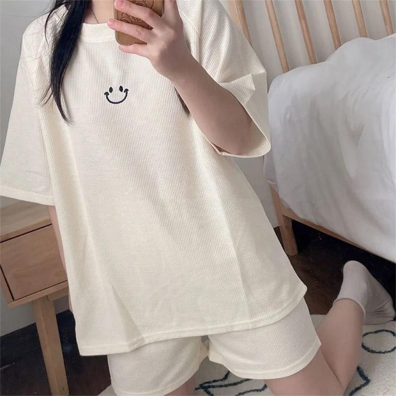 2PCS Waffle Sports Suit Women's Summer Thin Short-sleeved Shorts Two-piece Suit Loose and Thin Cute Smiley Home Clothes Casual Comfortable Clothes Set