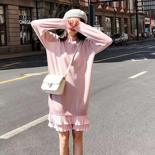 Women's Solid Color Mid-length Wool Dress Autumn and Winter Pullover Loose Over-knee Knit Bottomed Thickened Dress