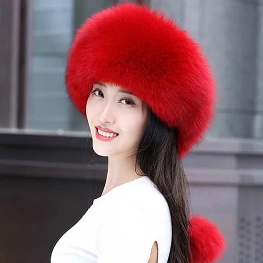 Women's Winter Hat Imitated Fox Fur Ball Plush Beret All-match Adjustable Hat Warm Cold Proof Ear Protection Hat Solid Fluffy Plushy Top Cap Fur Hat