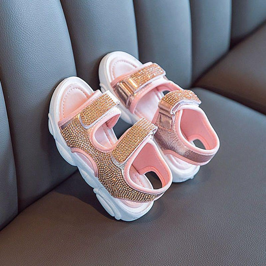 Girls Summer Bright Diamond Sandals Little Girls Children Students Flat Princess Shoes Soft Bottom Baby Beach Breathable Lightweight Shoes