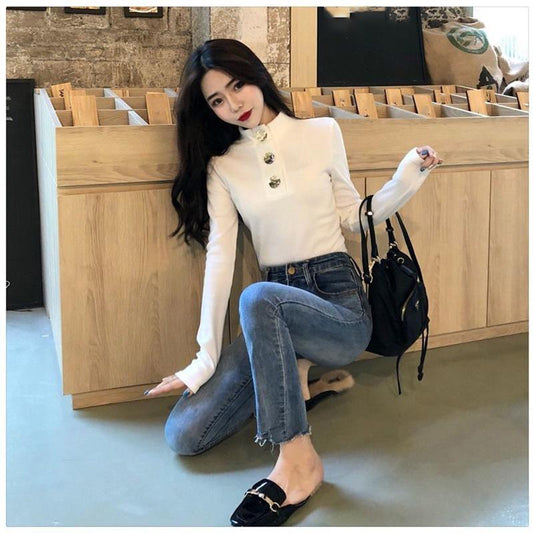 Autumn/winter Big Button Design Top with Slim-fit Base Sweater Can Be Worn Outside Knit Sweater