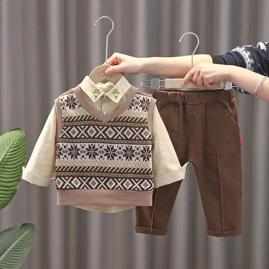 Boys Khaki Vest Spring and Autumn Suit Baby Fashion Sweater Vest Children's Korean Casual Long Sleeve Three-piece Set