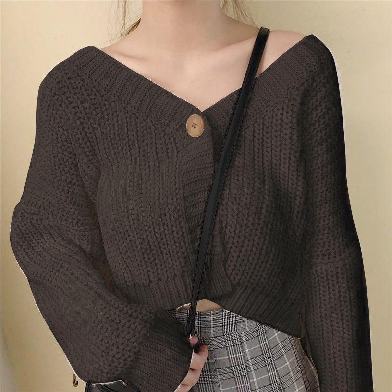 Autumn and Winter French Lazy Wind Loose Outer Wear V-neck Short Long Sleeve One Button Knitted Cardigan Sweet Sweater Women