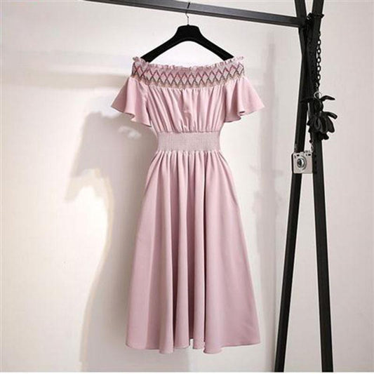 Pofulove Off-the-shoulder Dress Summer Party Dress Retro Chiffon Skirt Long A-line Dress with Belt