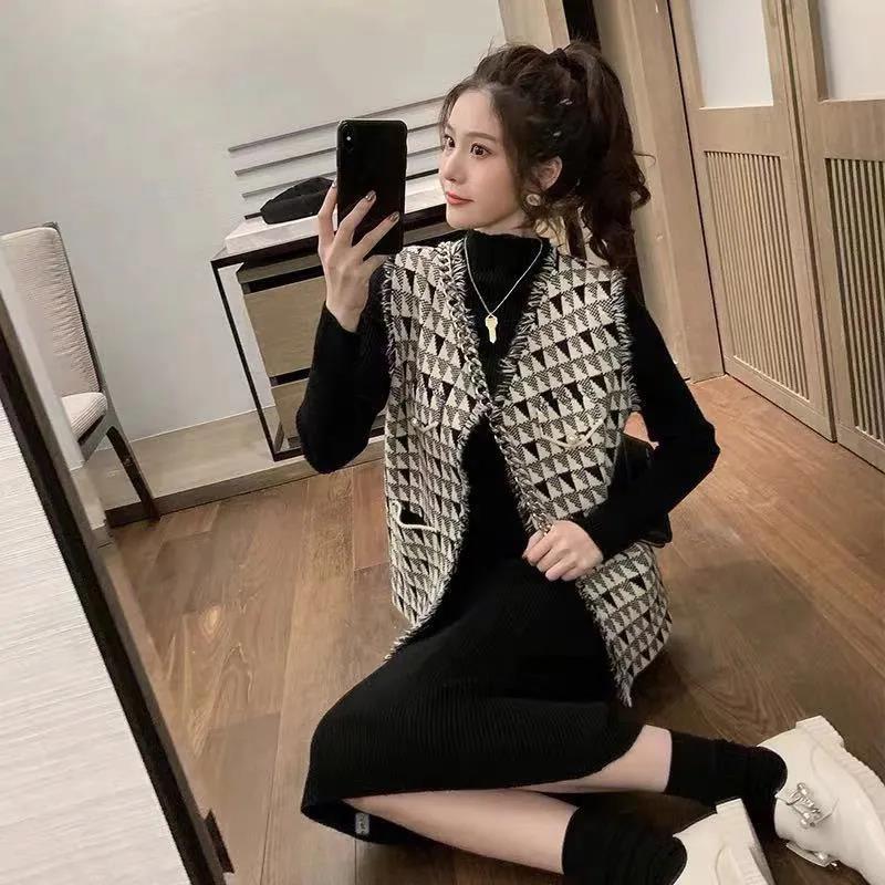 Sweater Suit Xiaoxiang Style Sub-vest Cardigan Jacket Autumn and Winter Knitted Sweater Suit Sweater Skirt Female Two-piece Suit