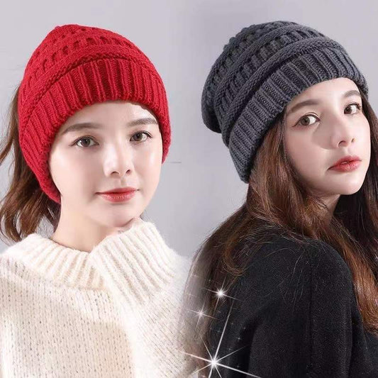 Women's Autumn and Winter Hats All Match Ponytail Hats Cute Warm Caps Empty Top Woolen Knitted Hat Outdoor Sports Baseball Hats No Top Knitting Hat