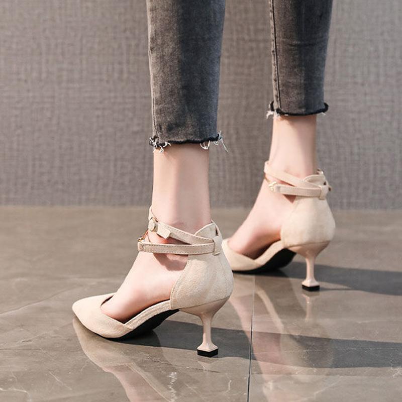 Spring  Summer Mid-heel 7cm High-heeled Shoes Women's Stiletto Pointed Toe Toe Sandals One-word Buckle Hollow Single Shoes