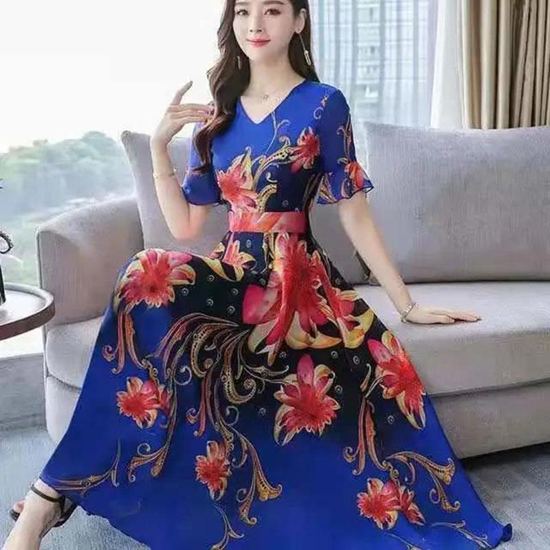 Women's Slim A-line Skirt Summer Short Sleeve Long Floral Large Size Dress