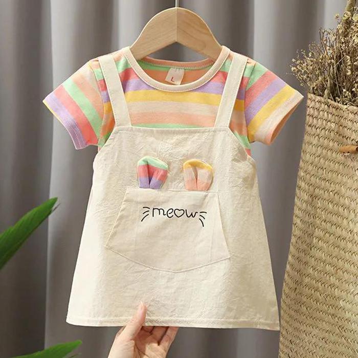 Children Dress Spring Summer O-neck Kids Clothing  Baby Girls Clothing Printing Short Sleeve Fake Two Dress Girl