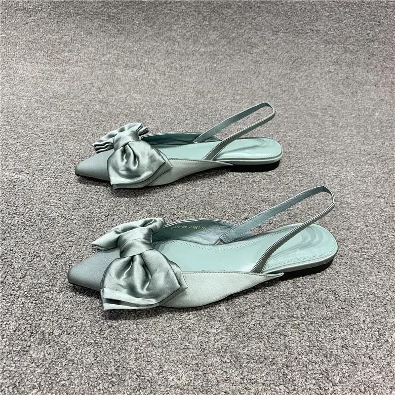 European Women's Shoes Summer Pointed Shallow Mouth Bow Single Shoe Cover Foot Flat Retro Sandals