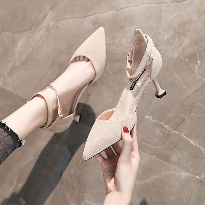 Spring  Summer Mid-heel 7cm High-heeled Shoes Women's Stiletto Pointed Toe Toe Sandals One-word Buckle Hollow Single Shoes