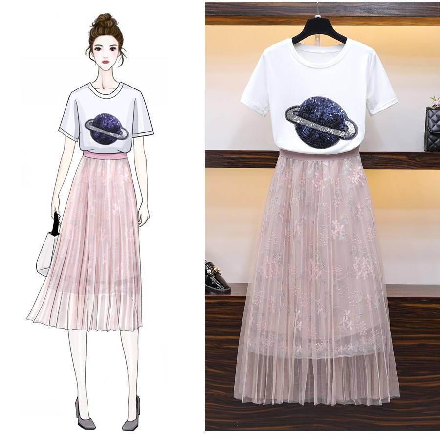 Fashion Summer Skirt Suit Women Embroidered Cotton T-shirt Printed Tulle Skirt Two-piece Suits