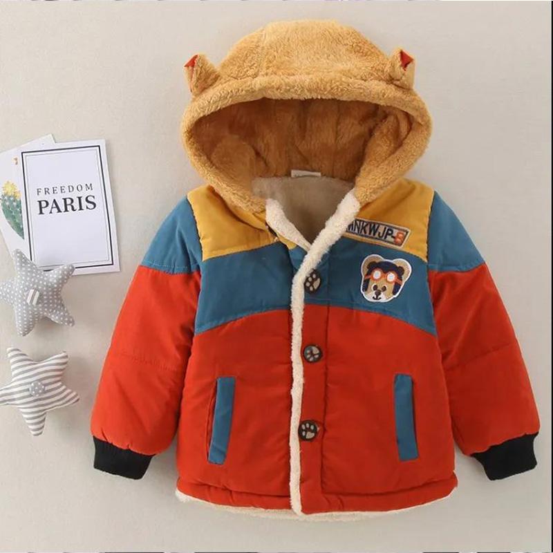 Boy's Padded Coat Baby Padded Jacket Winter Warm Coats Hooded Cartoon Bear Pattern Plus Velvet Children's Padded-jackets