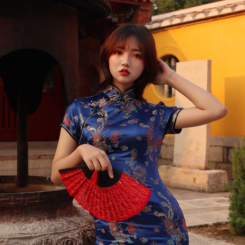 Lady Cheongsam Young Fashion Girl Retro Chinese National Style Long Sexy Dress Dark Black