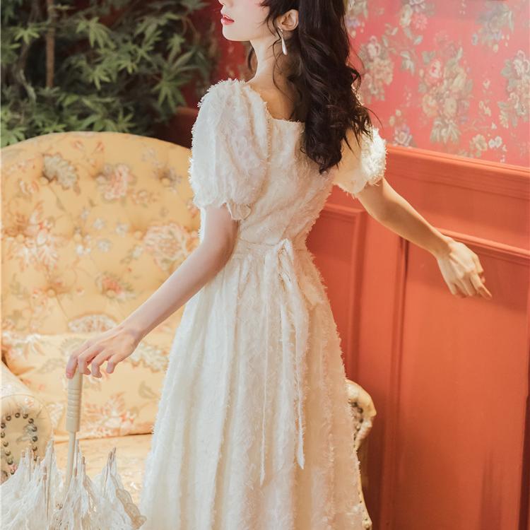 Women Summer Vintage High Waist Super Fairy Holiday Dress Elegant Slim Puff Sleeve Little Fresh Party Long Dress