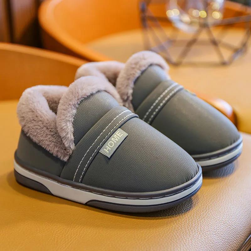 PU Leather Waterproof Children's Cotton Slippers Boys and Girls Kids Cotton Slippers Non-slip Flat Shoes Big Children's Slippers Winter