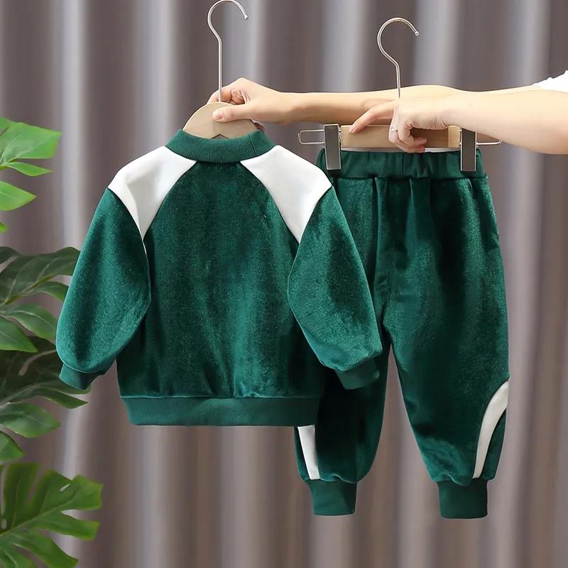 2021 Children's Clothing Plus Fleece Boy Middle and Small Children's Sweater Suit Double-sided Fleece Baby Casual Korean Two-piece Suit