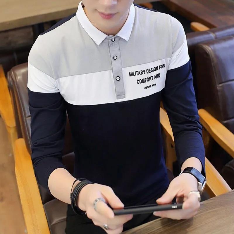 Cotton Long Polo Shirt Men's Lapel Shirt Autumn Trend Wild Young and Middle-aged Men's Clothing