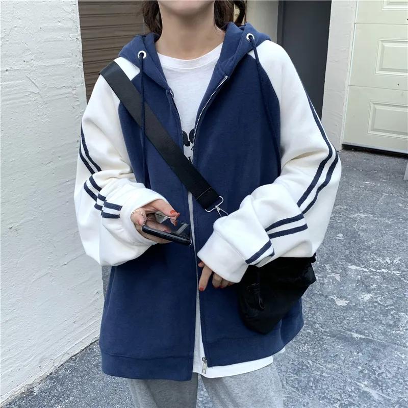 Blue Sweater Women's Korean Style Loose and Lazy Style Thin Hooded Cardigan Girl's Preppy Jacket Long Sleeve Sweatshir