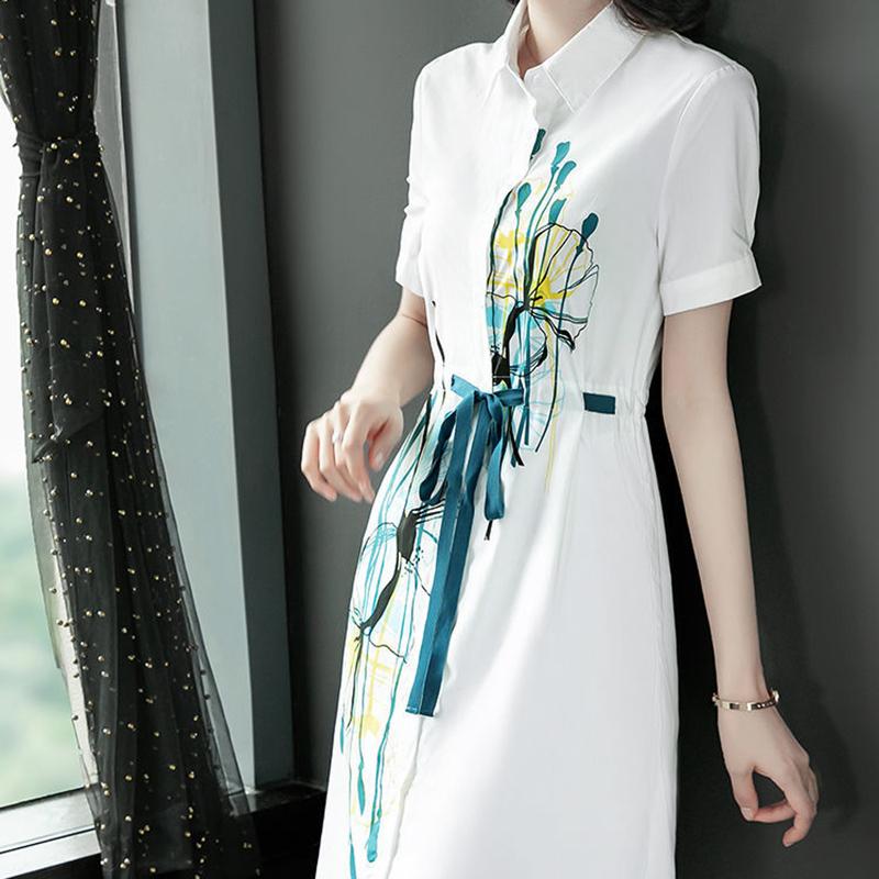 Elegant Temperament Shirt Dress Comfortable Women's Loose Dress with Printed Lapel