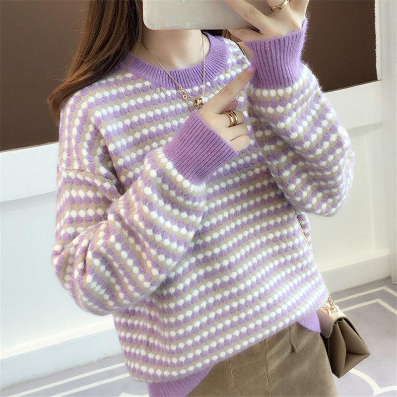 Winter striped sweater contrast women's Crew neck pullover loose  Plus Size  loose Knit Sweater warm