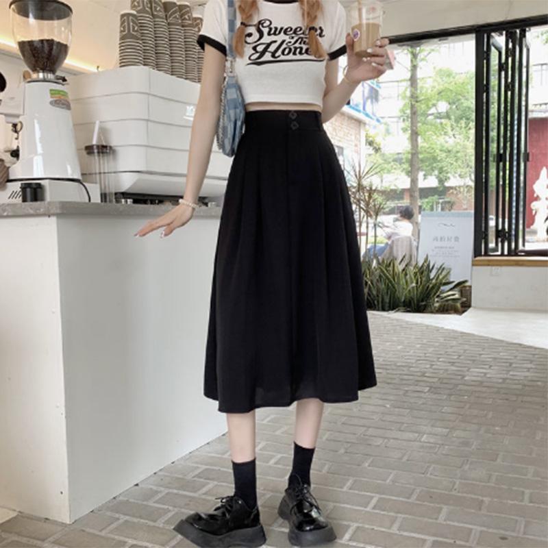 Korean Version of Spring Clothing Solid Color Fashion Two Button Design High Waist Slim Skirt A-line Midi Skirt Women's Trend