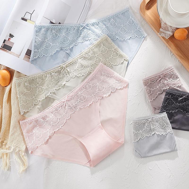 Women's Ice Silk Lace Panties Thin Cotton Crotch Antibacterial Seamless Low-waist Large Size Women's Briefs