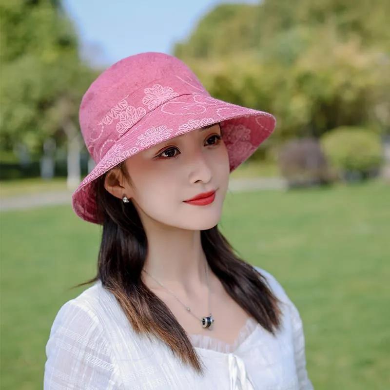 Women's Cotton Bucket Hat Rose Flower Bow Sunscreen Sun Hat Spring Adjustable Hat Breathable Vintage Fisherman Hat Basin Hat