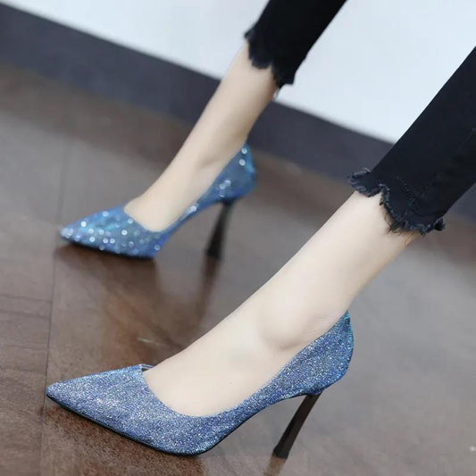 Women's Shoes Spring Wild Ladies and Girls Fashion Crystal High Heels Women Stiletto Sequin Pumps