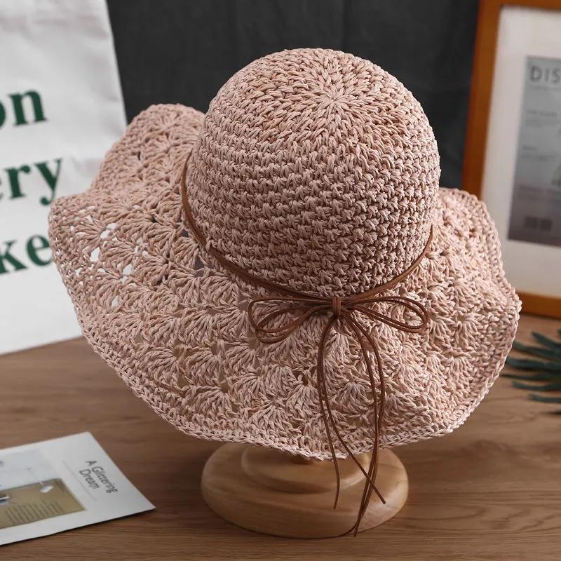 Hollow Out Straw Bow Hat Women's Summer Sunscreen Hat Foldable Vacation Beach Hat Crochet Fisherman Hat All Match Sun Hat