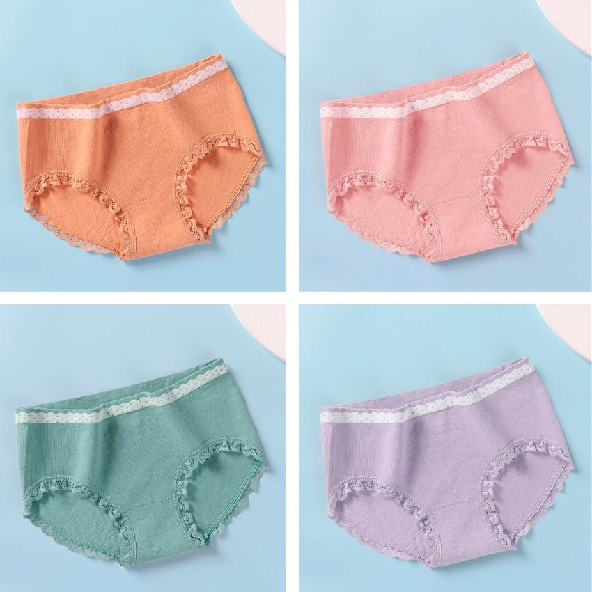 4Pcs/Set Women's Soft Underpants Casual Mid-waist Solid Color Cotton Crotch Solid Color Lace Briefs