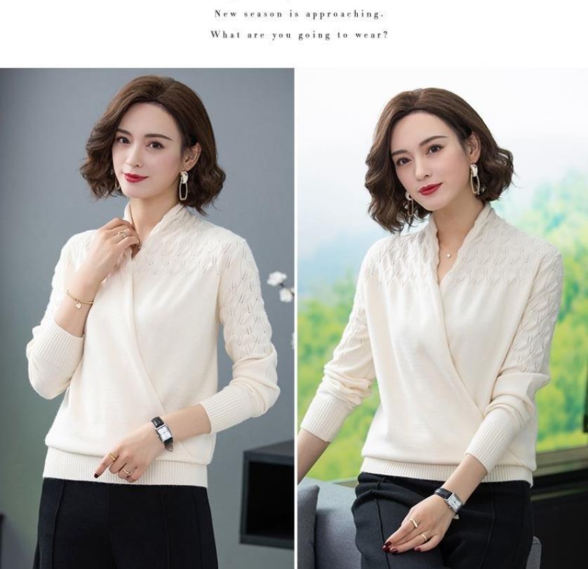 Autumn and Winter V-neck Crossover Ladies Sweater Temperament Gentle Knit Sweater Wear All-match Casual Loose Shirt