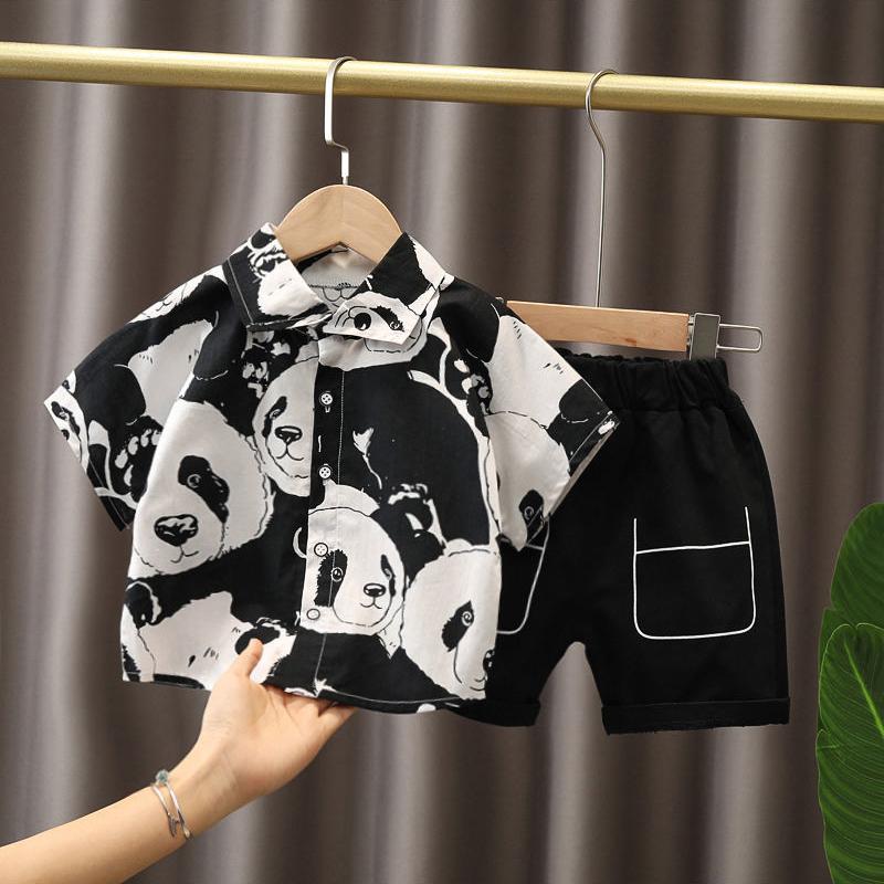 2PCS Children Clothing Set Spring Summer Boy's Printed Panda Shirt Shorts Single Breasted Thin Suits