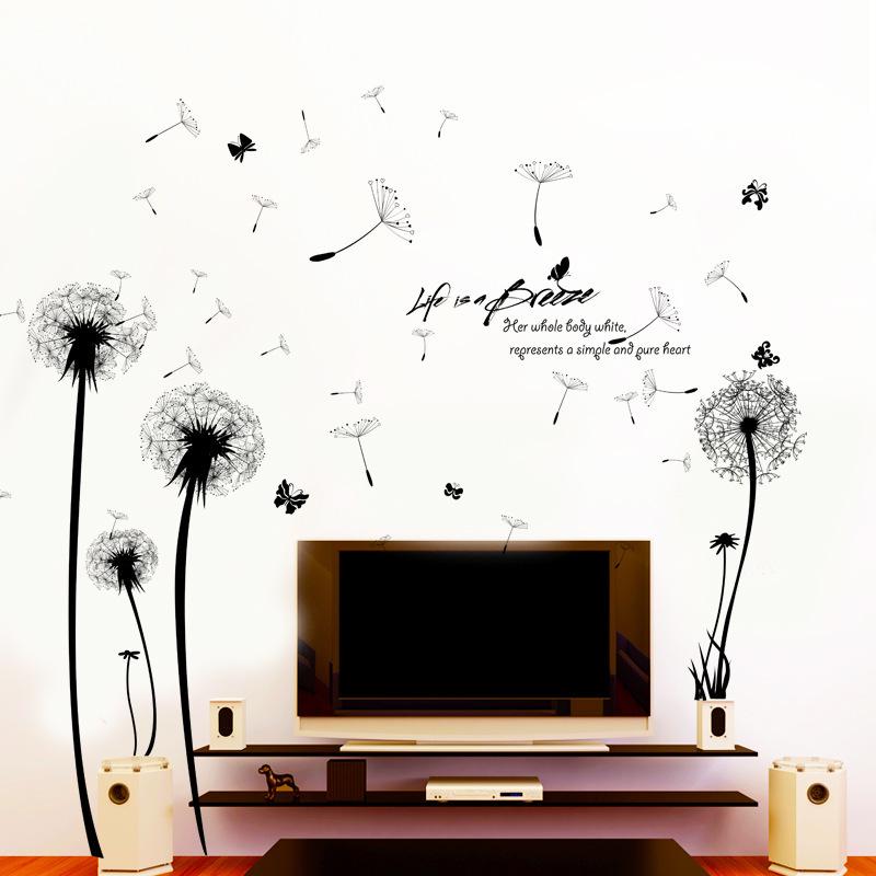 Black dandelion romantic wall stickers Living room sofa bedroom wall removable waterproof stickers