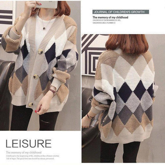 Casual Style V-neck Sweater Loose Plus Size Jacket Autumn and Winter Mid-length Female Top