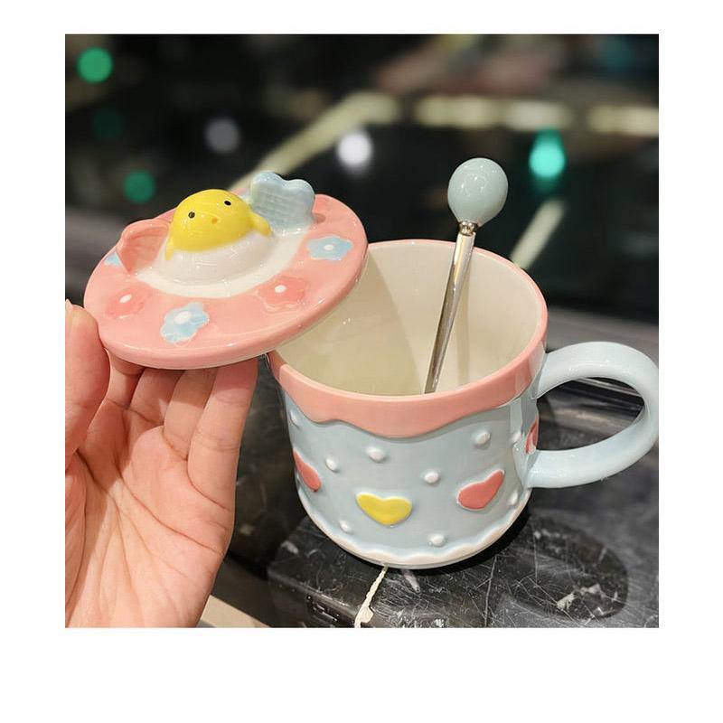 Cute Strawberry Cake Ceramic Cup High-value Girl Heart Student Mug with Lid Spoon Breakfast Oatmeal Coffee Cup