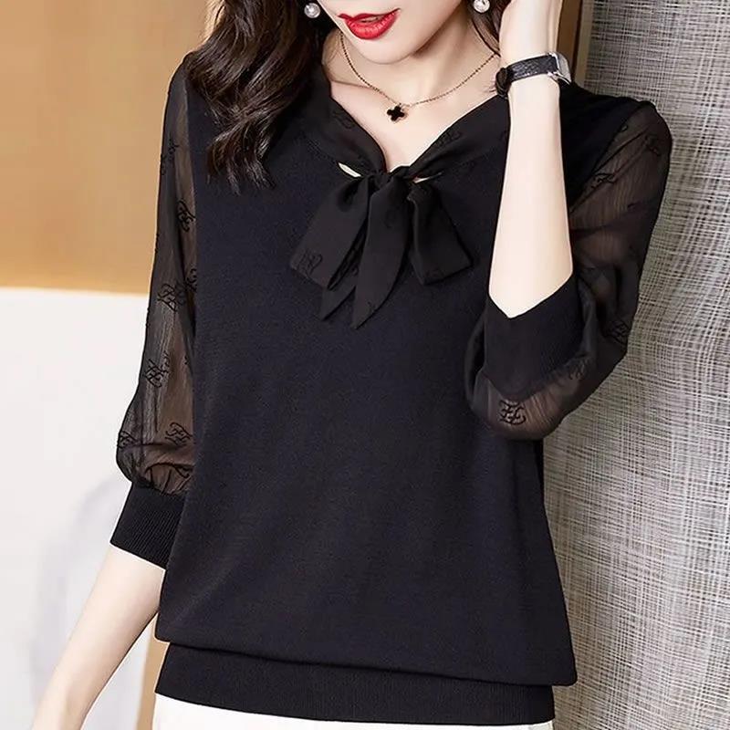 New Chiffon Blouse Office Lady Fashion Tops Sweet Bow Women  Casual Long Sleeve Summer  Pullover