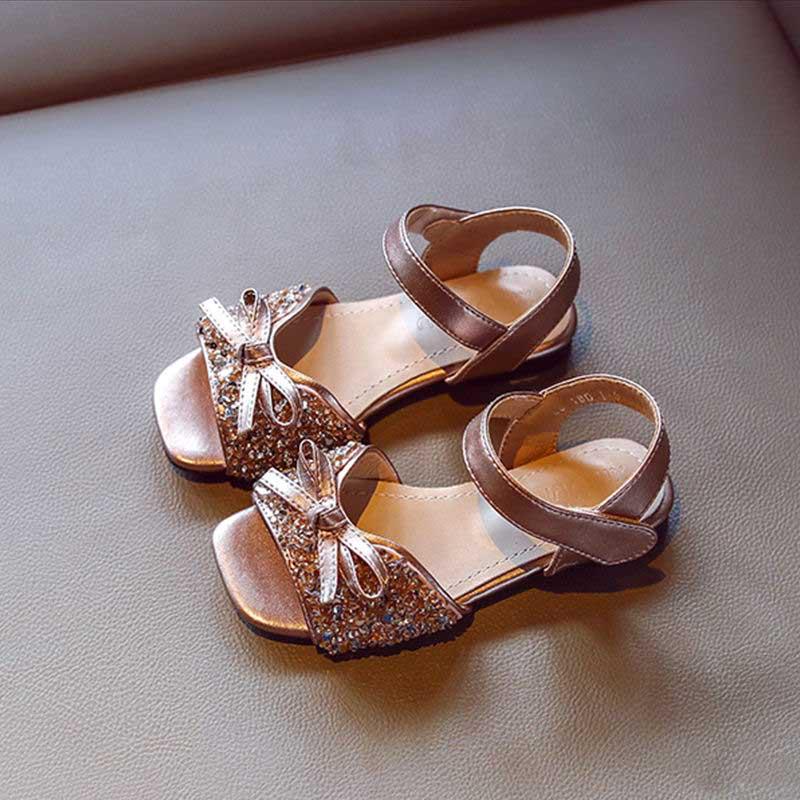 Summer Girls Flat Sandals Flash Children Girls High Heels Bow Leather Shoes Kids Princess Dance Shoes Princess Non-slip Crystal Sandals Size 26-36