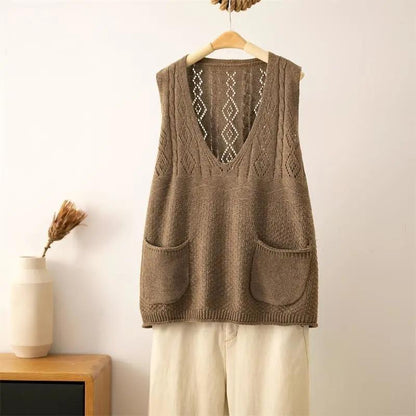 V-neck Vest Women's Spring and Autumn Wear Hollow Retro Literary and Artistic Knitted Vest Wear Loose Top