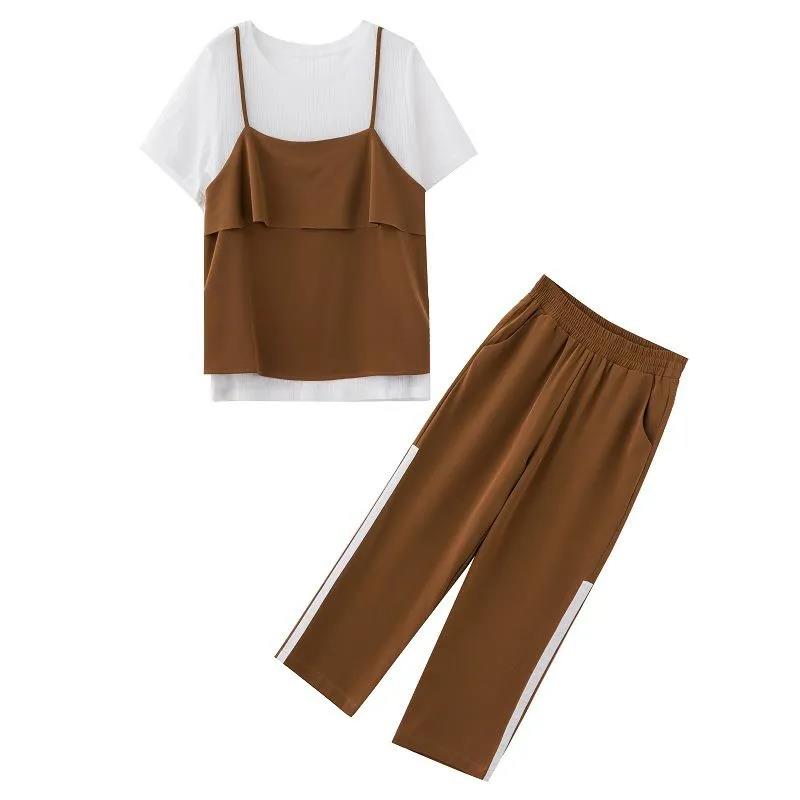 Ladies Suit Three-piece Suit Suspenders Short-sleeved T-shirt Casual Pants Ladies Outdoor Leisure Suit Cotton Fabric Absorbent and Breathable