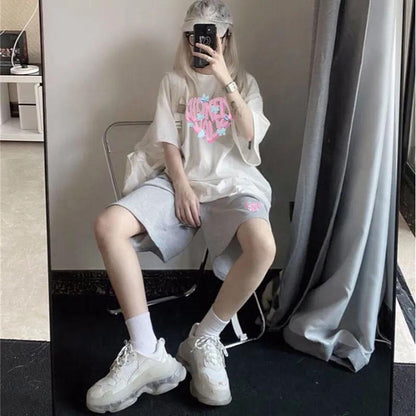 2PCS Female Summer Two-piece Suit Korean Version Student Loose Short-sleeved T-shirt + Casual Wide-leg Five-point Shorts Two-piece Set