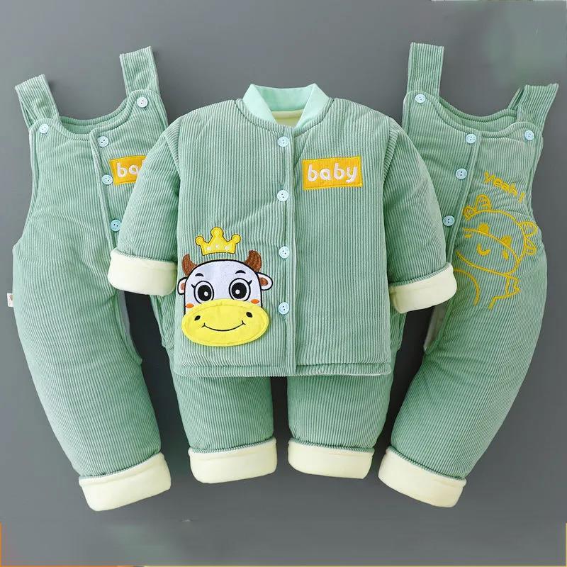 Baby Winter Cotton Three-piece Baby Clothes Plus Velvet Thickening Autumn and Winter Warm Suspenders Out of Cotton Clothing Suit