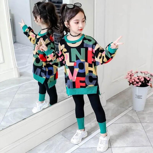 Girls spring and autumn suits Kids Casual Big Clothes Girls Fashion  Children's Letter Sweater+ Leggings Two-Piece Set